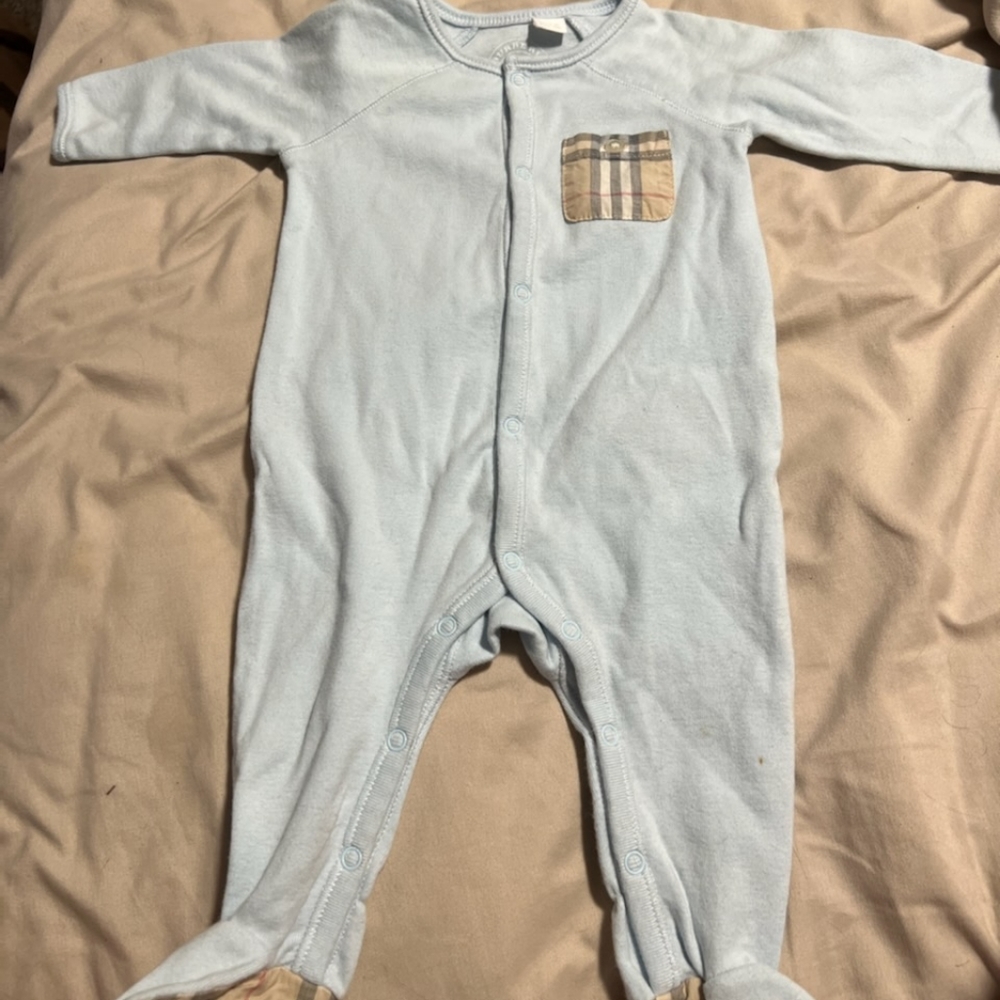 Burberry one piece with footies, blue w plaid size 1 month